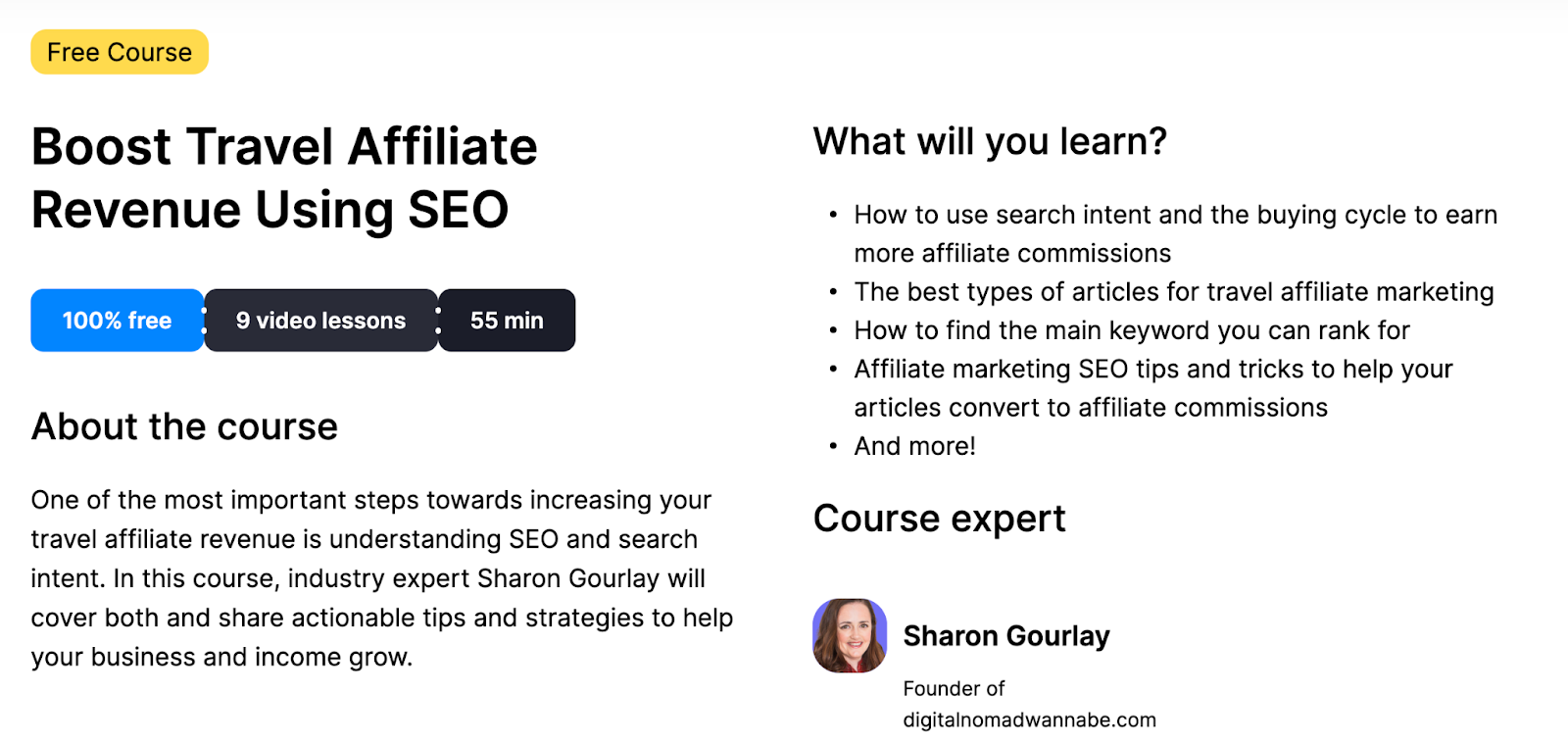 Screenshot of the Sharon Gourlay course description from the Travelpayouts Academy landing page