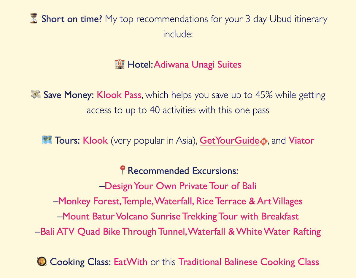 Screenshot with example of summary box in 3 Days In Ubud post on Jessie on a journey blog
