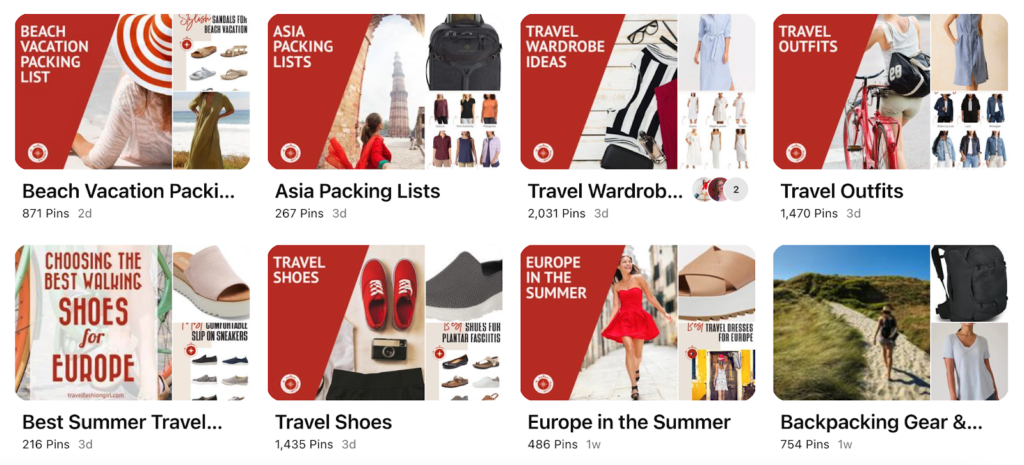 Travel Fashion Girl Pinterest board featuring categories