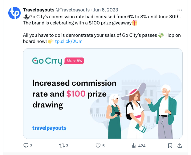The image displays a Tweet from Travelpayouts as they offer a $100 prize giveaway. The tweet conveys information about commission rates through an affiliate partner while illustrating the potential for winning a $100 prize.
