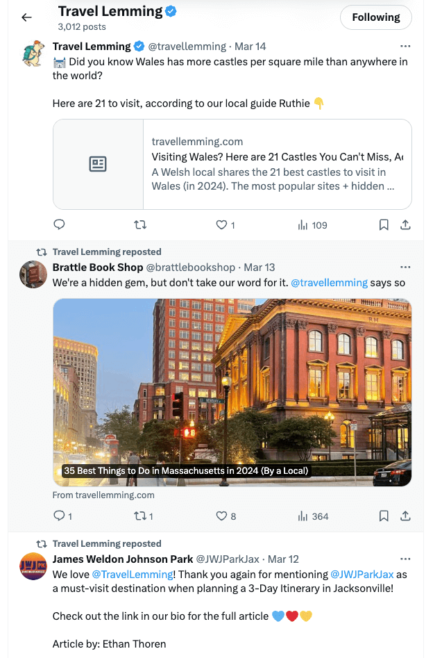 The image displays the Twitter feed of a popular travel brand, Travellemming. They utilize a mix of reposts and original content to balance a consistent yet not spammy feed.