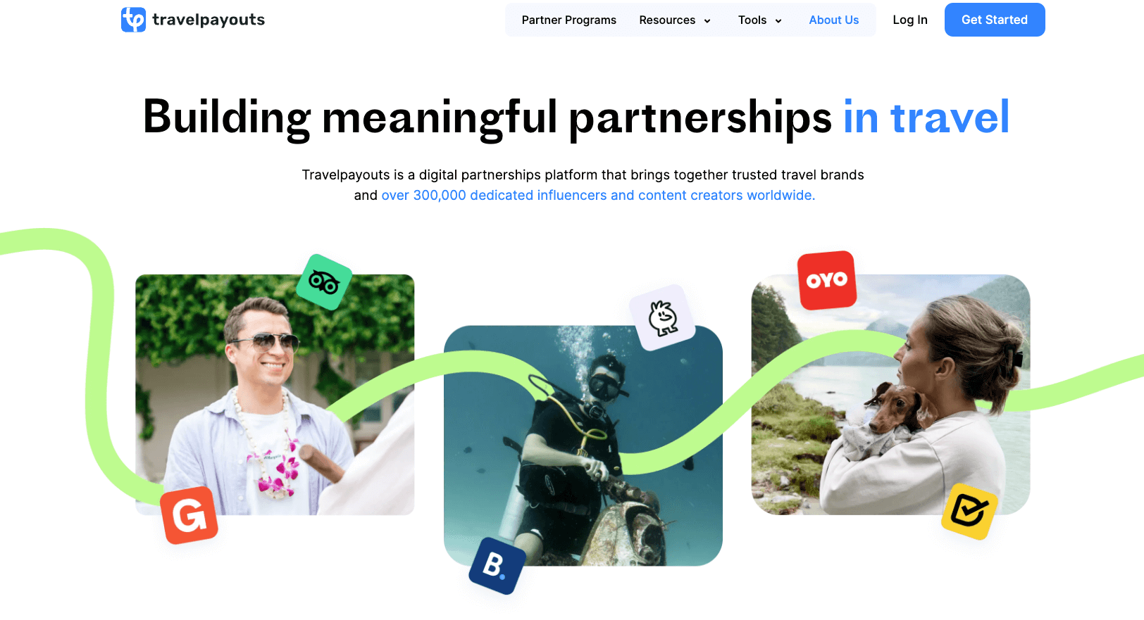 The image displays the Travelpayouts “About” page, which states that they strive for “building meaningful partnerships in travel.” The rest of the webpage shows a man smiling, a scuba diver, and a woman with a puppy surrounded by popular travel brands like GetYourGuide, OYO, DiscoverCars, Booking.com, and Tripadvisor.