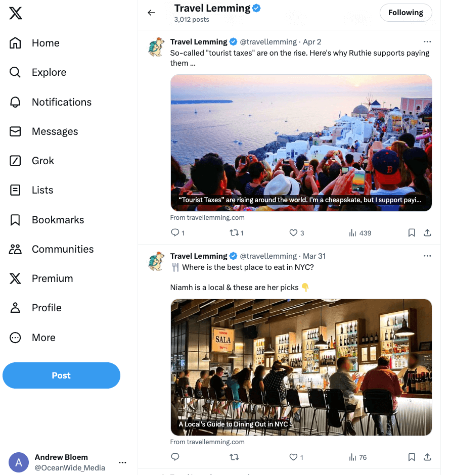 The image shows the Twitter feed of a prominent travel brand, Travel Lemming, using relevant and eye-popping images to entice readers to click on the article. The two images are of a crowd of tourists, all taking a picture of a Greek town and another of a lively bar in New York City.