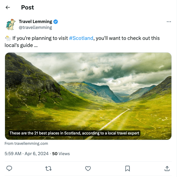 The image displays a Tweet from a travel brand using #Scotland to share an article about the 21 best places to visit in Scotland. 