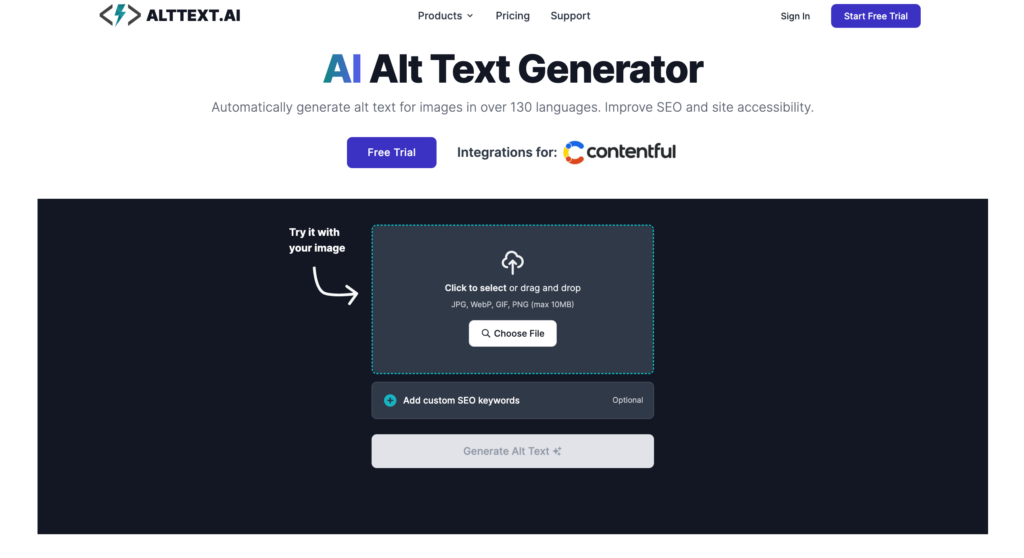 Front page of AI Alt Text Generator Website