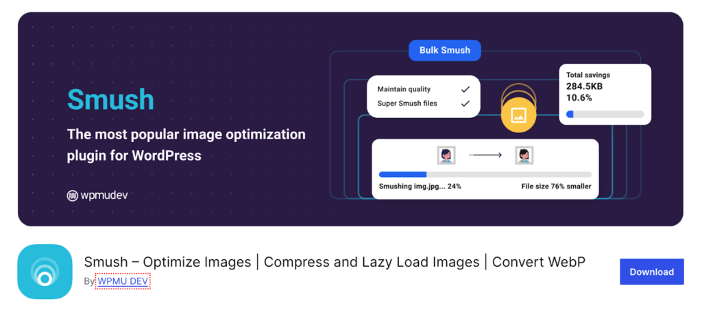 Front page of Smush Plugin for Optimization