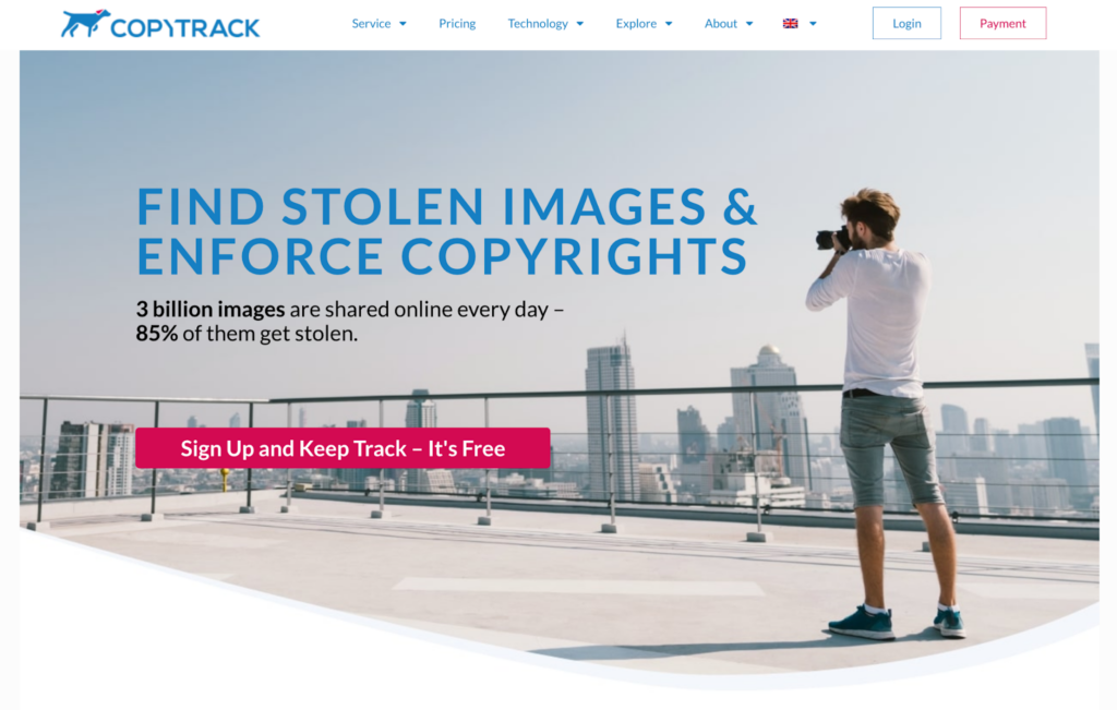 Copytrack front webpage, service fights against unauthorized photography use
