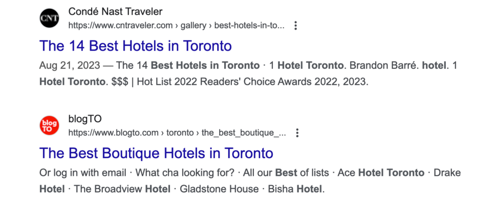 Google search for best boutique hotels in Toronto