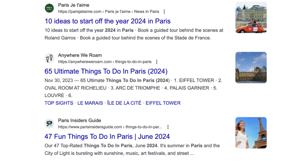 Google Results for things to do in Paris