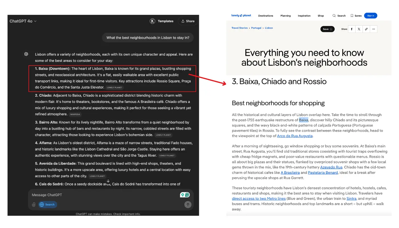 A SearchGPT query and the linked source, a Lonely Planet article. SearchGPT query in ChatGPT