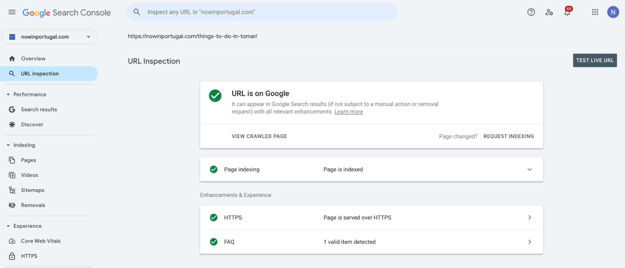 An example of a URL inspection in Google Search Console Google Search Console URL inspection for a specific URL