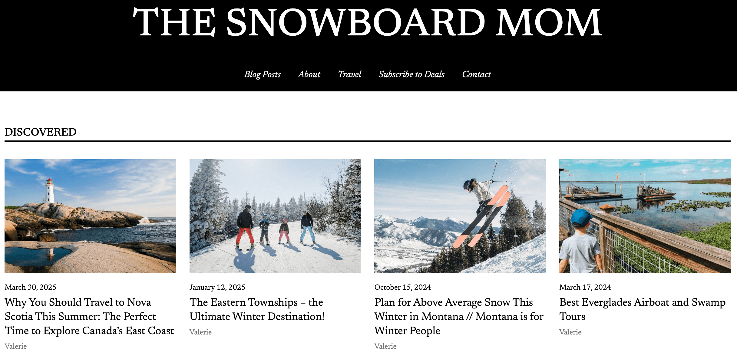 The Snowboard Mom travel blog's featured "Discovered" adventures Screenshot of "Discovered" blog posts from The Snowboard Mom website, highlighting travel articles about Nova Scotia, the Eastern Townships, Montana skiing, and Everglades airboat tours