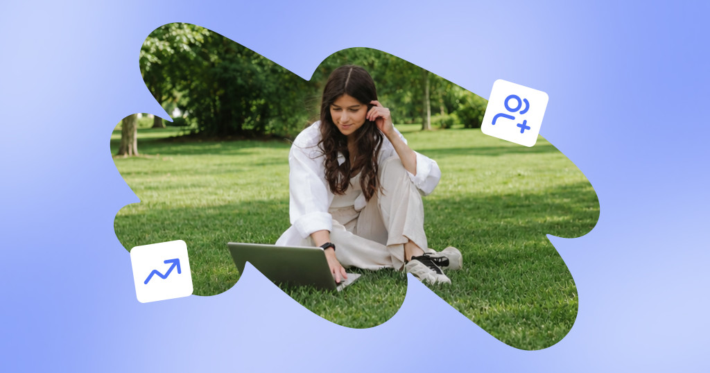 Cover image for an article on affiliate marketing trends showing a woman sitting on the grass and looking at her computer