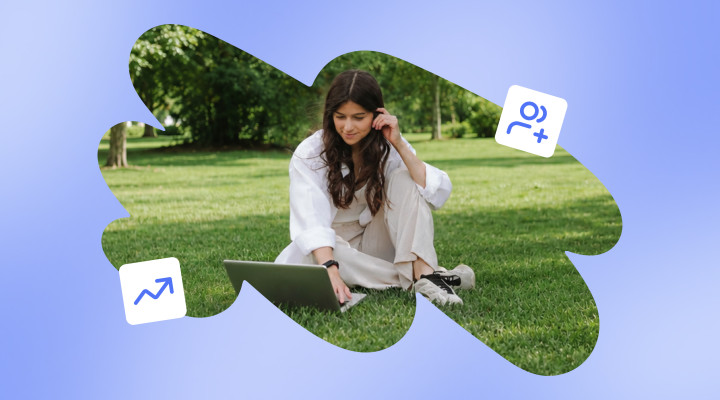 Cover image for an article on affiliate marketing trends showing a woman sitting on the grass and looking at her computer