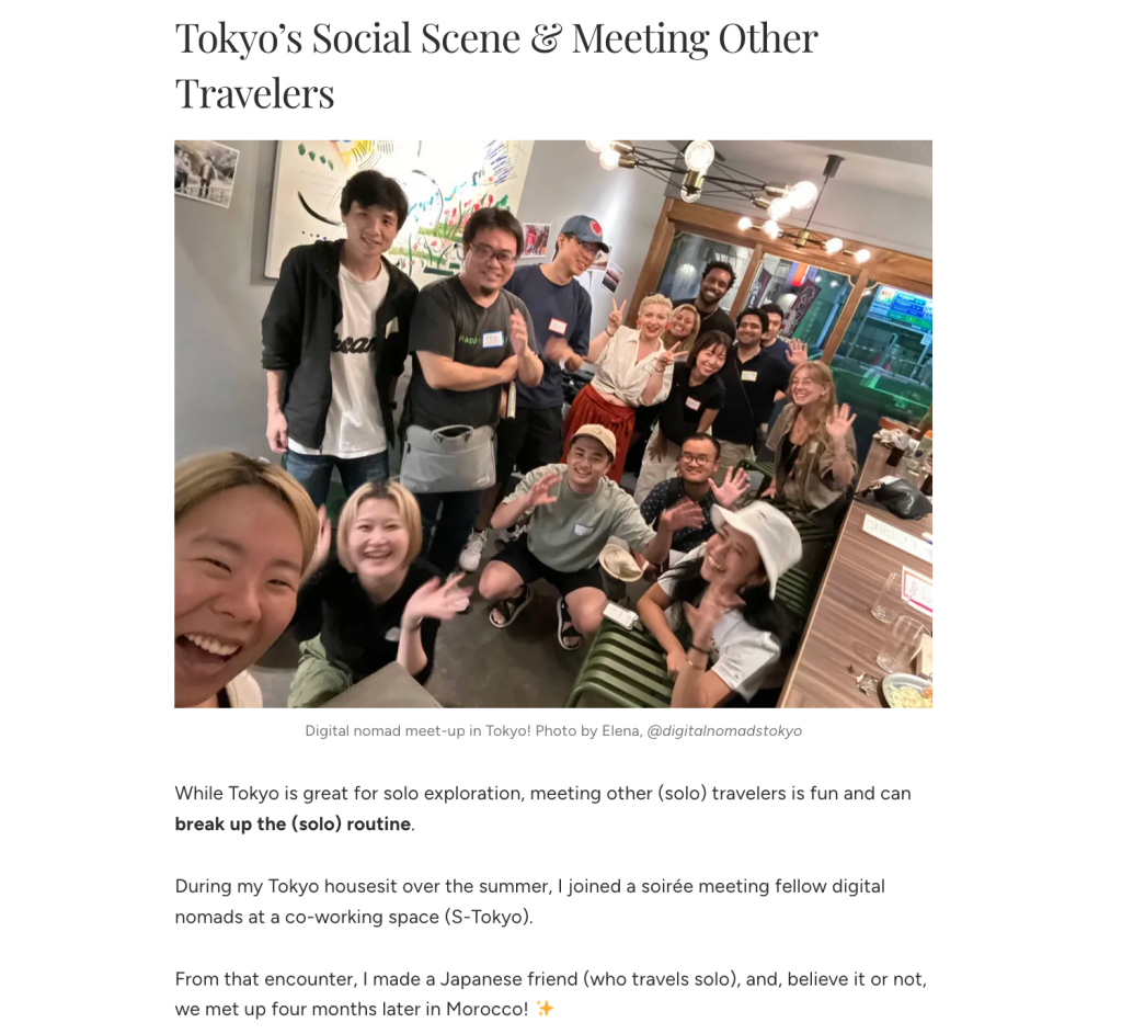 A snippet of a blog post on solo travel in Tokyo, featuring a group photo under the heading “Tokyo’s Social Scene & Meeting Other Travelers”