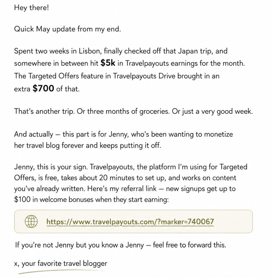 Example newsletter showing how to naturally include a Travelpayouts referral link in a personal email update