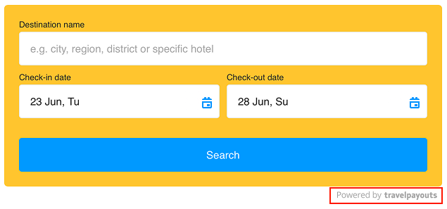 Travelpayouts hotel search widget with Powered by Travelpayouts referral link visible in the bottom right corner