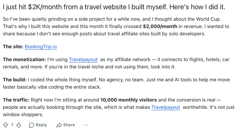 Example of a build-in-public post mentioning Travelpayouts as part of a real travel site monetization story