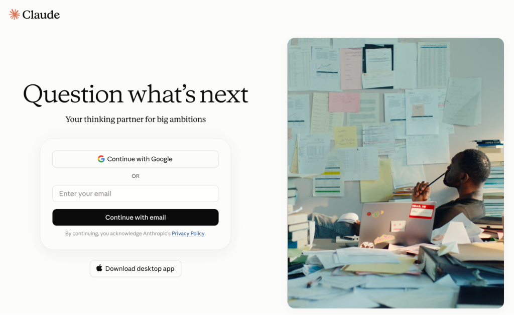 Claude homepage with an email field and the headline “Question what’s next”