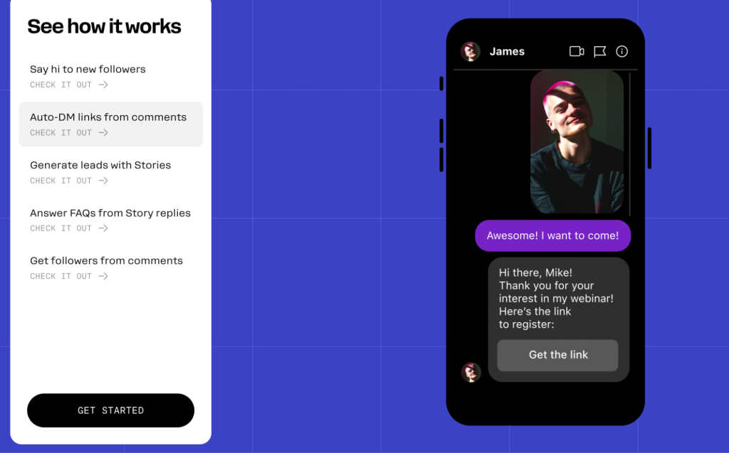Manychat auto-DM feature showing a social media message exchange in which the creator sends a link to the webinar to a person who replied to a story