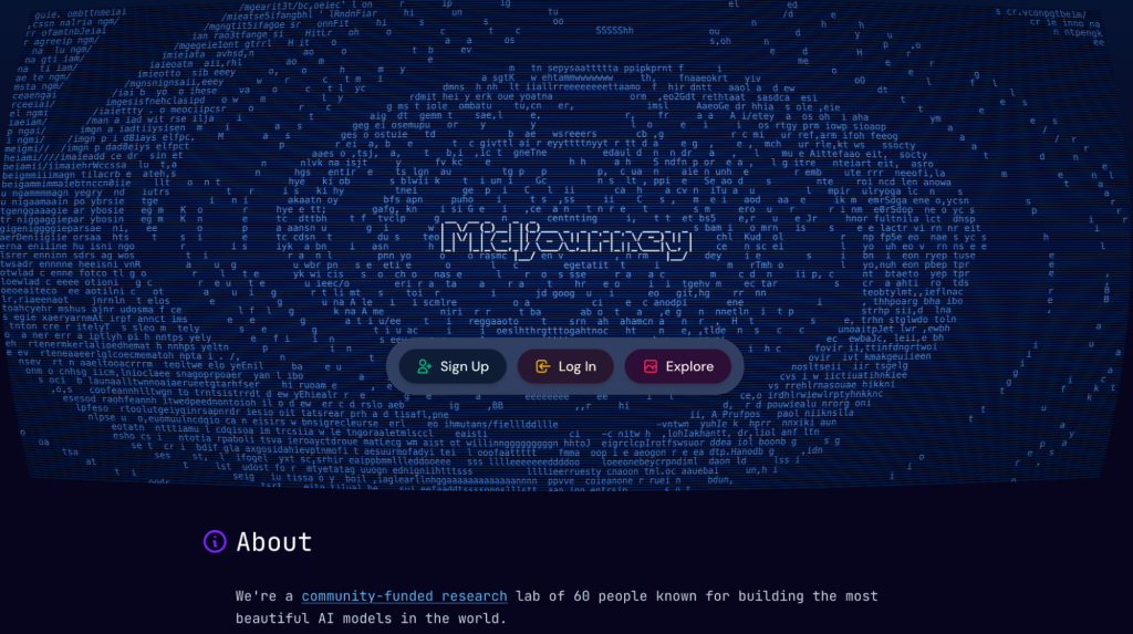 Midjourney homepage with buttons to sign up, log in, and explore and an about section 
