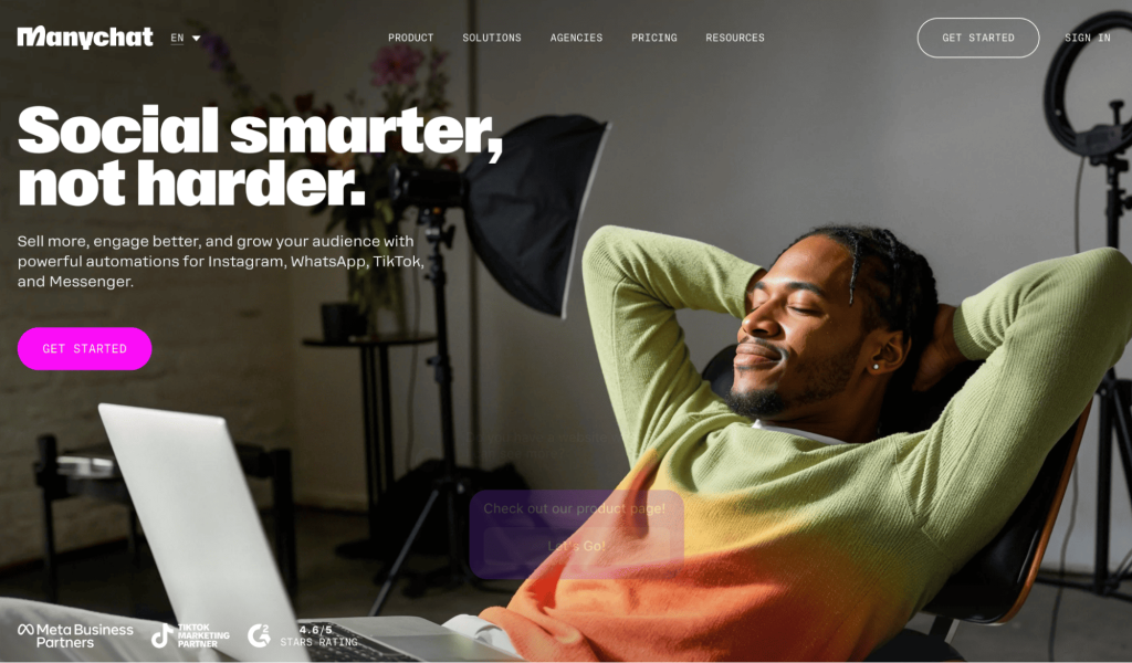 Manychat homepage with a CTA button to get started and the headline “Social smarter, not harder”