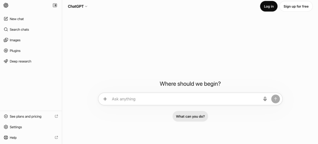 ChatGPT homepage with an input field and the text “Where should we begin?”