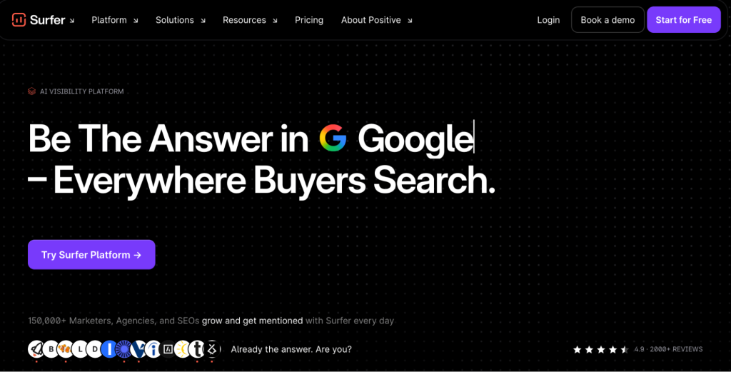 Surfer homepage with a CTA to try the platform and the headline “Be the answer in Google – Everywhere buyers search”
