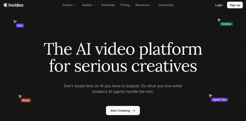 invideo homepage with a button to start creating and the headline “The AI video platform for serious creatives”