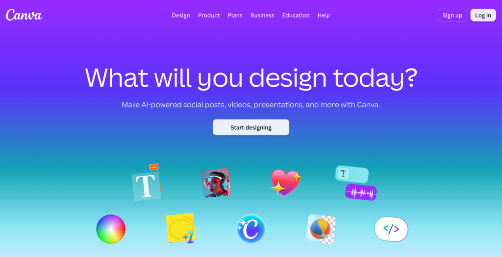 Canva homepage with a CTA button to start designing and the headline “What will you design today?”