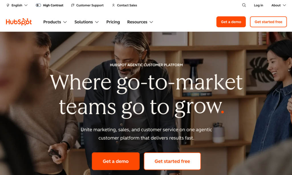 HubSpot homepage with CTA buttons to get a demo and get started and the headline “Where go-to-market teams go to grow.”