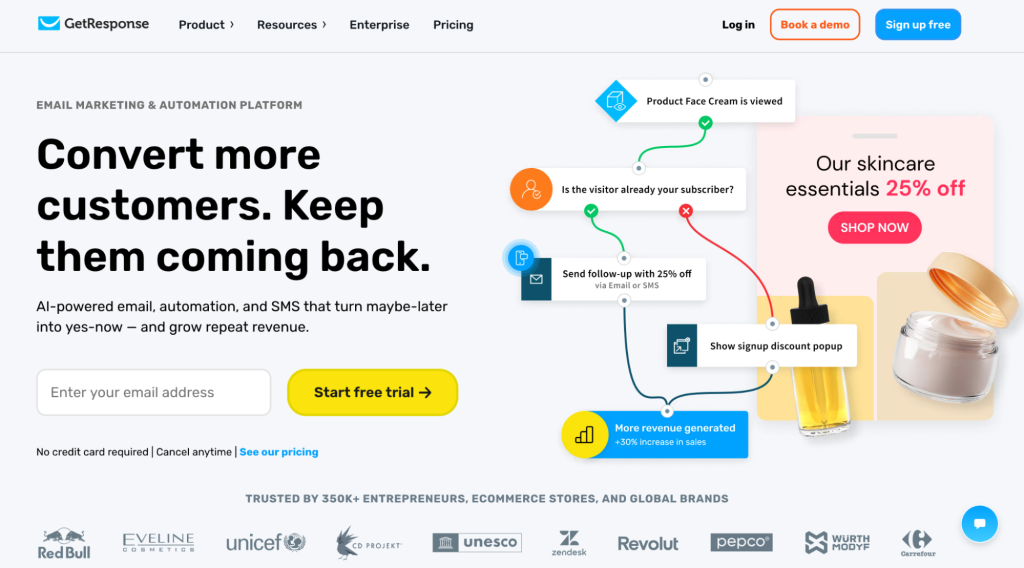 GetResponse homepage with an email field for a free trial and the headline “Convert more customers. Keep them coming back.”