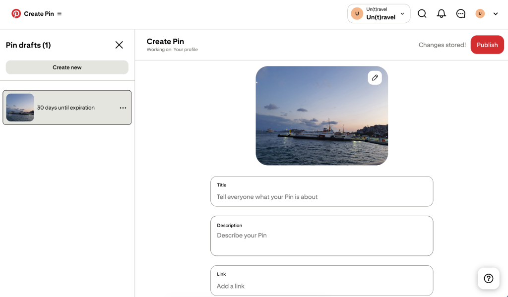 A Create Pin page on Pinterest showing a photo of a boat on the water 
