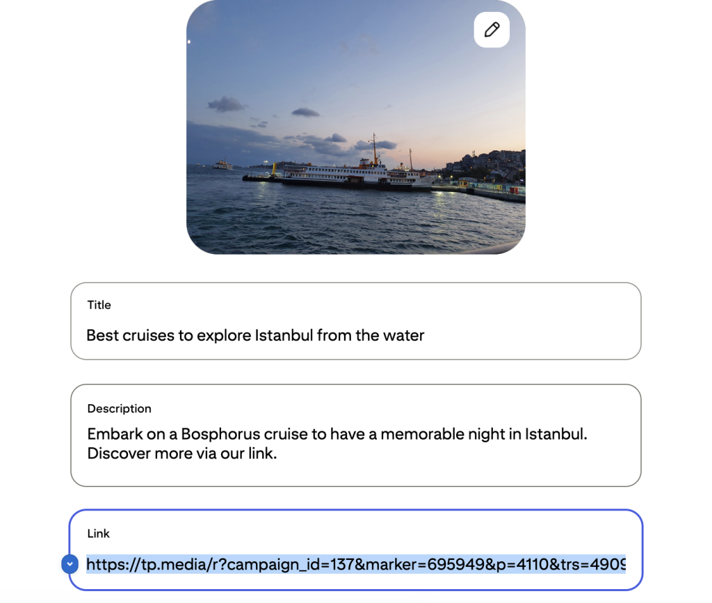 The same pin with an added description and title and a full affiliate link pasted in the Link field