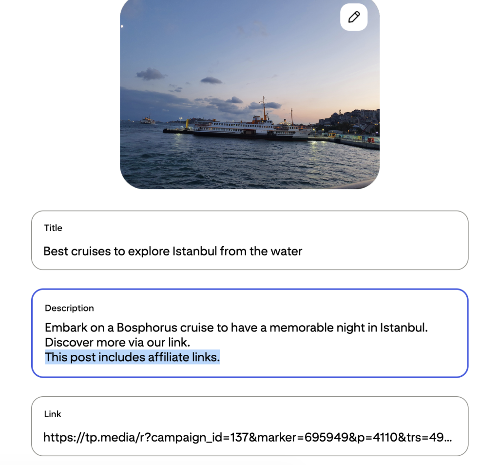 The same pin with the phrase “This post includes affiliate links” added to the description